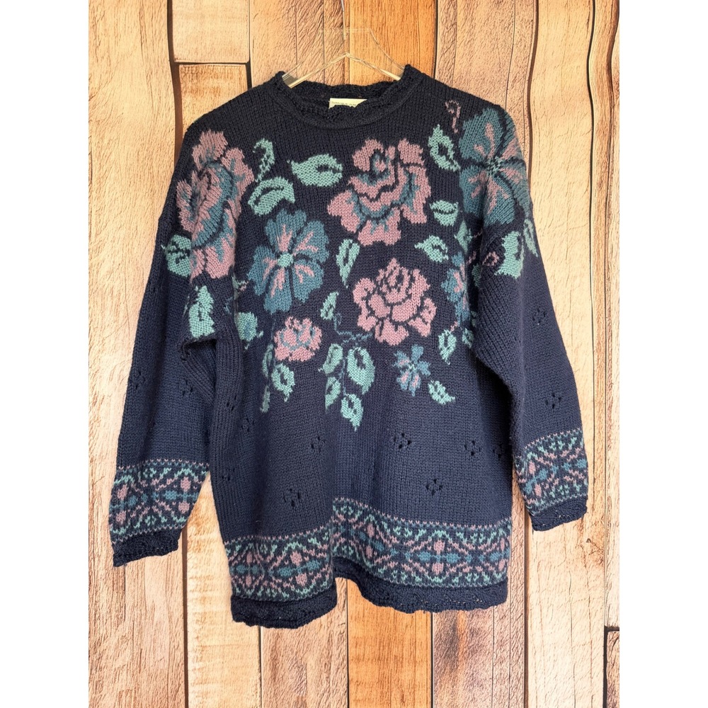Laura Ashley Floral Wool Sweater Cottagecore GrandmaCore Navy‎ Size S/M Vintage